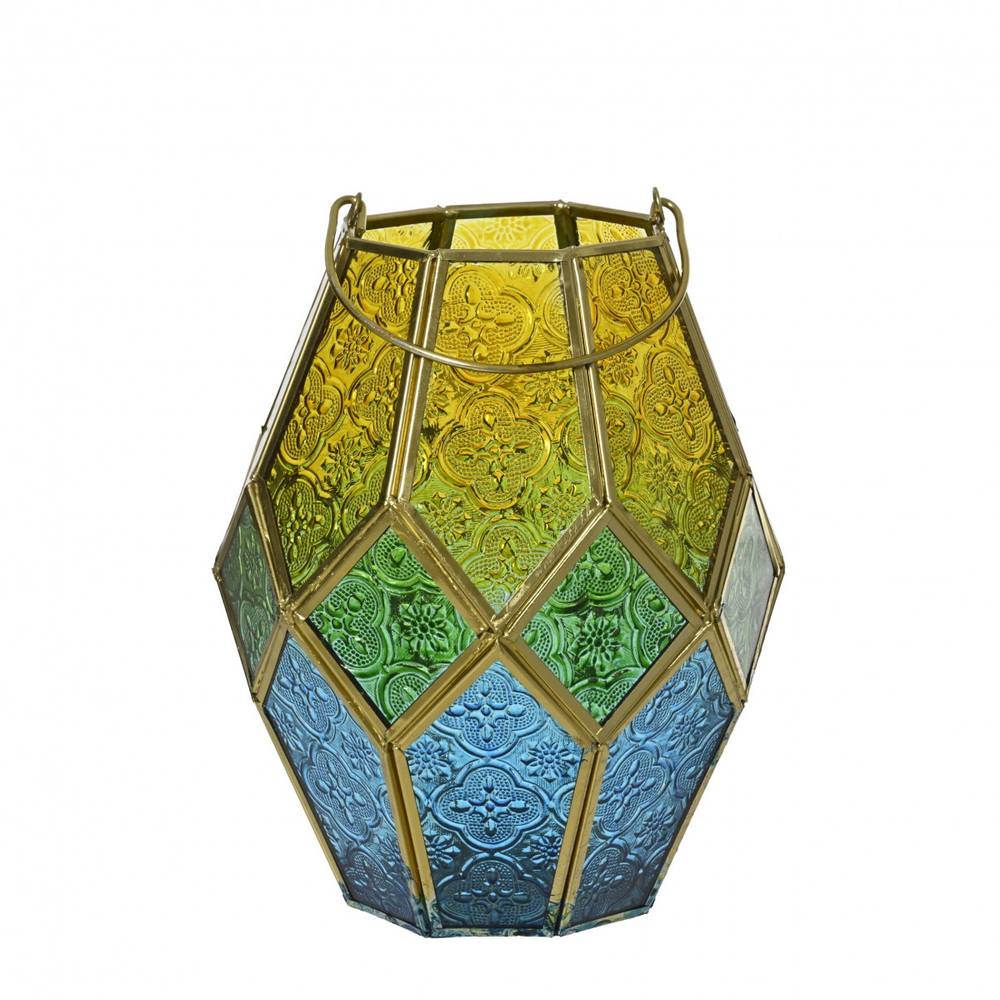 Laterne Glas Maroc gelb/blau D15cm H20.5cm