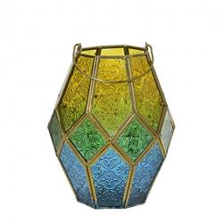 Laterne Glas Maroc gelb/blau D15cm H20.5cm