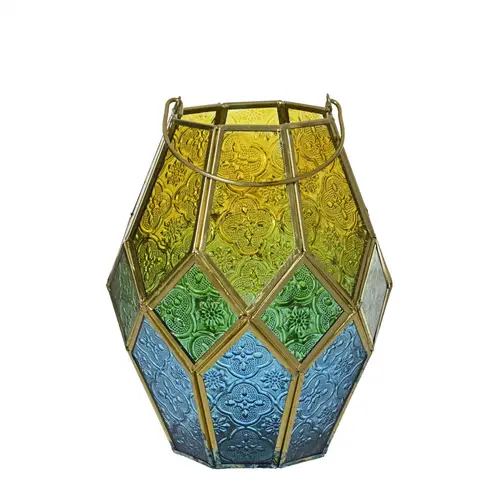 Laterne Glas Maroc gelb/blau D15cm H20.5cm
