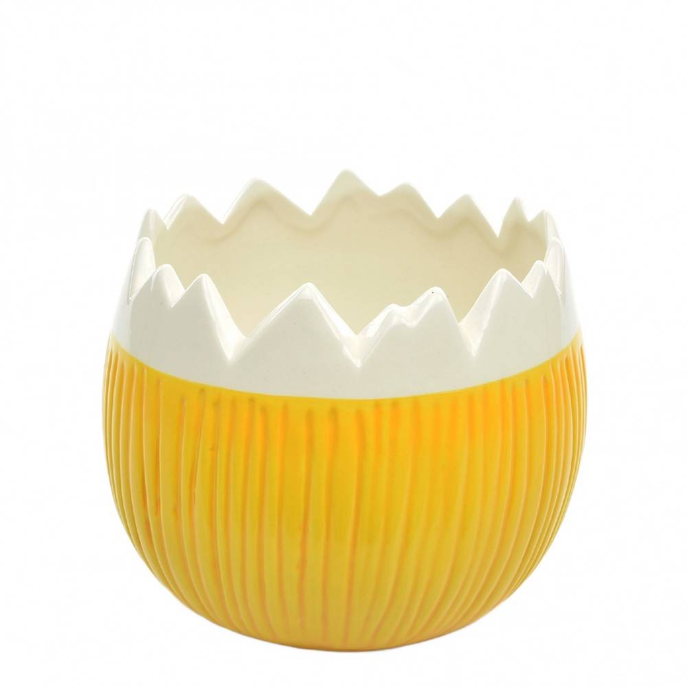 Keramik Übertopf Ei gelb/weiss  D15cm H12.5cm