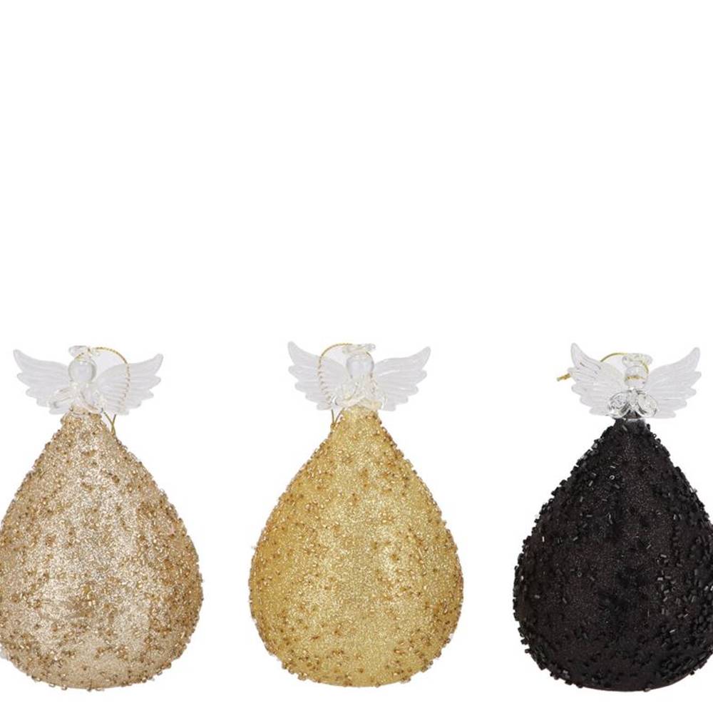 SPARKLY BLACK/GOLD/CHAMPAGNE LED ANGEL GLASS ASS 6X9CM