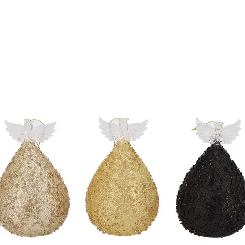 SPARKLY BLACK/GOLD/CHAMPAGNE LED ANGEL GLASS ASS 6X9CM