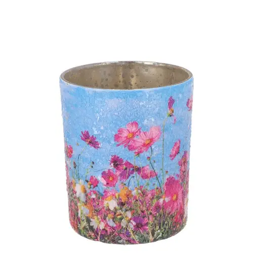 Glas Teelicht April Blume blau 08x09x09cm