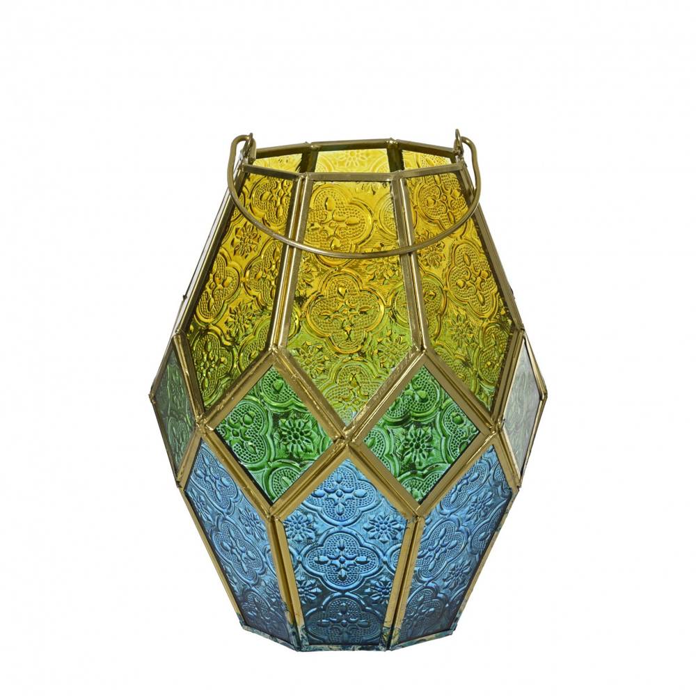Laterne Glas Maroc gelb/blau D16.5cm H20.5cm