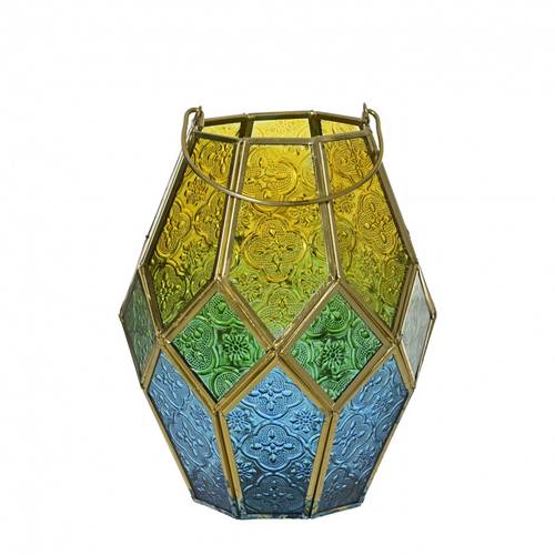 Laterne Glas Maroc gelb/blau D16.5cm H20.5cm