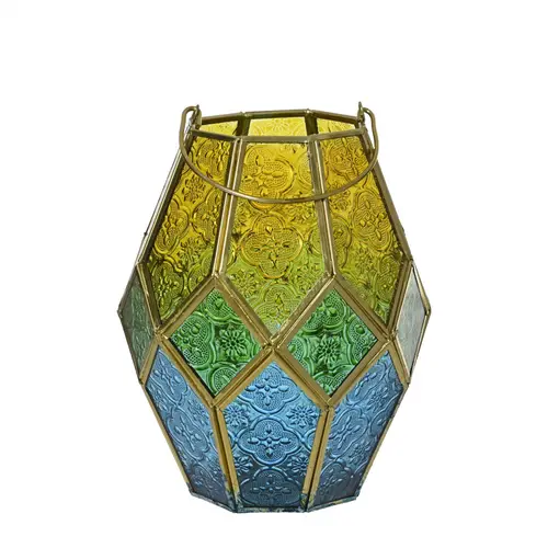 Laterne Glas Maroc gelb/blau D16.5cm H20.5cm