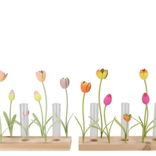 Glas Röhrenflaschen auf Holz +Tulpe mix 28x08x24