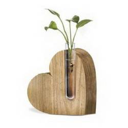 Glas Rohr in Holz Herz D02cm H13cm