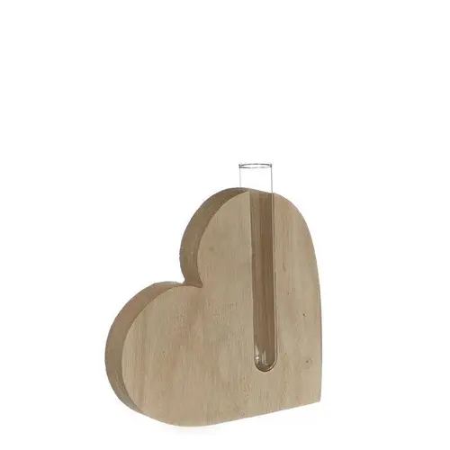 Glas Rohr in Holz Herz D02cm H13cm