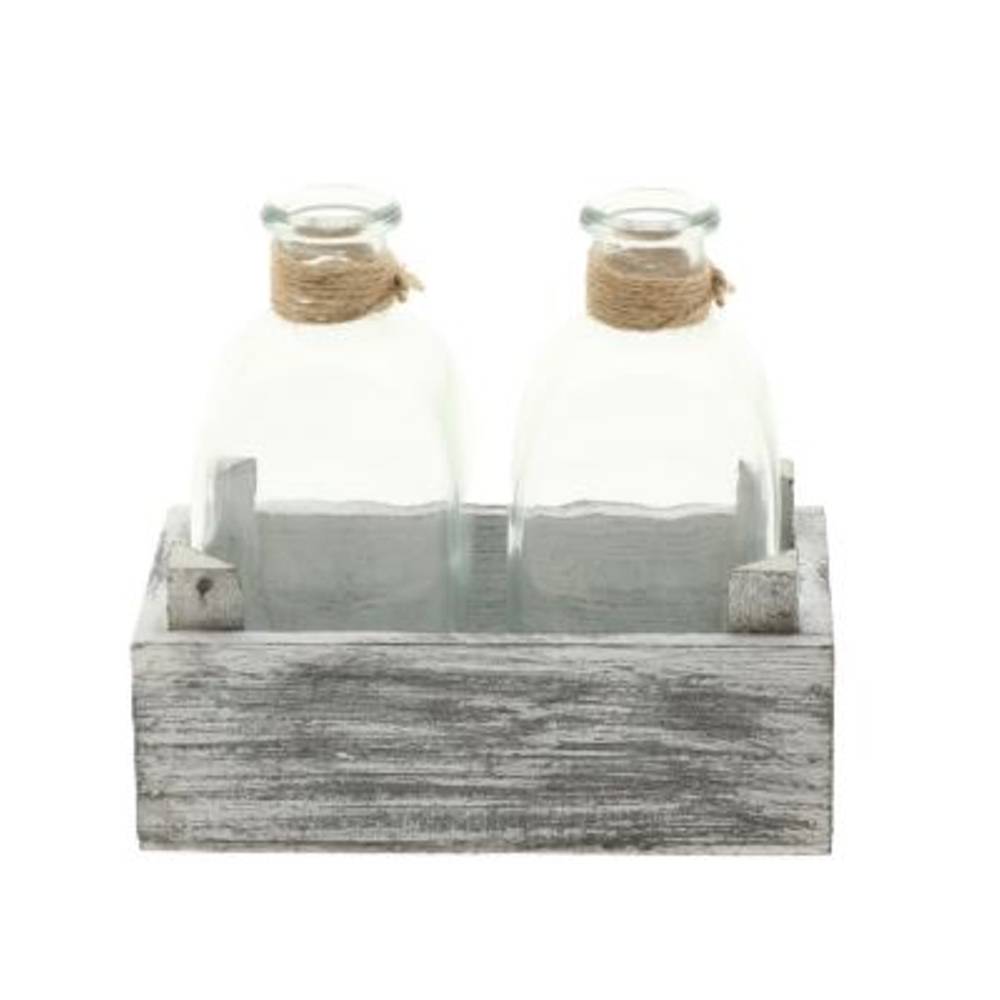Glas Flaschen in Holzschale 15.5x09x13.5cm