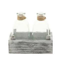 Glas Flaschen in Holzschale 15.5x09x13.5cm
