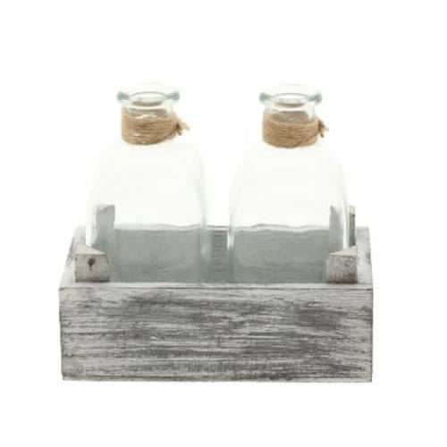 Glas Flaschen in Holzschale 15.5x09x13.5cm