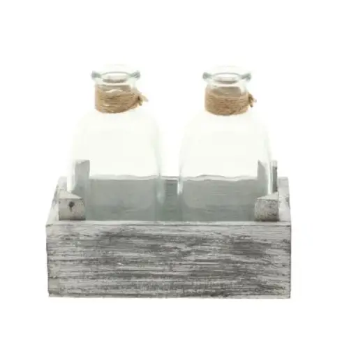Glas Flaschen in Holzschale 15.5x09x13.5cm