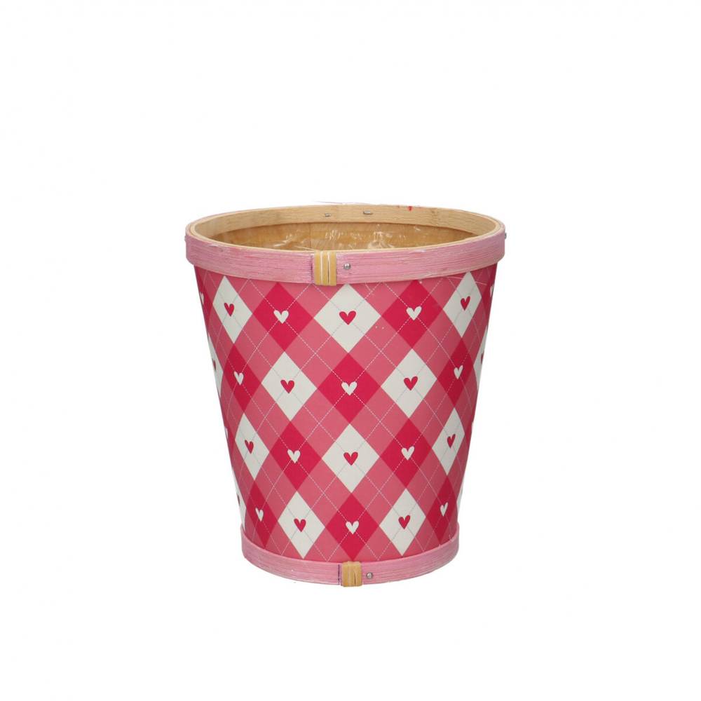 Holz Übertopf Herz Kariert rosa D13cm H14cm