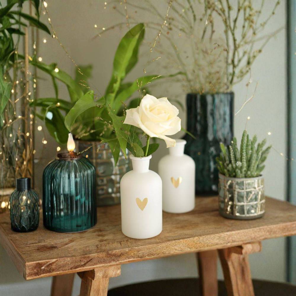 Glas Flasche Herz weiss D02/05cm H10cm 