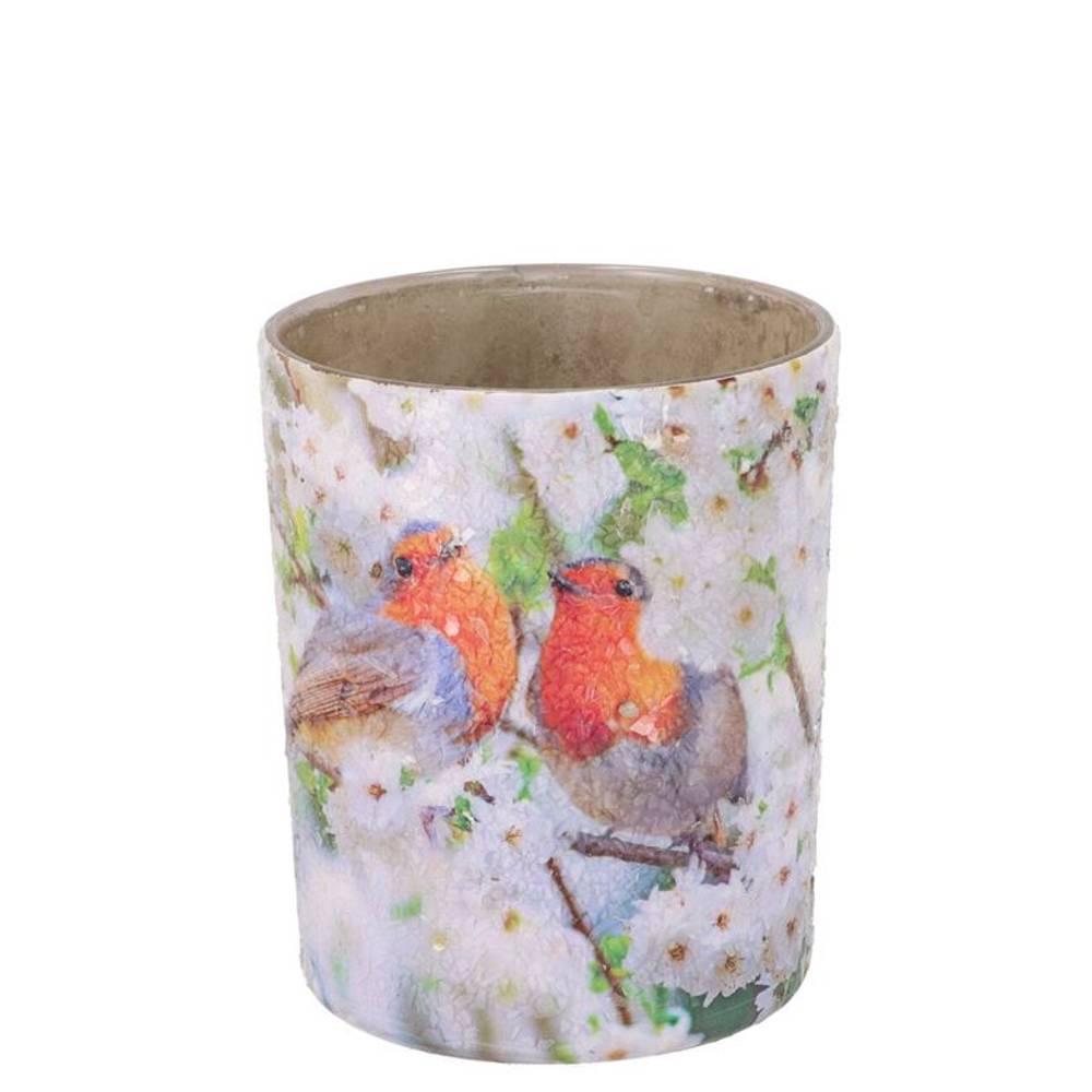 Glas Teelicht April Vogel weiss 08x09x09cm