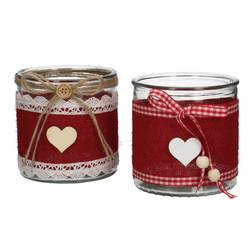 Glas Teelicht mit Herz rot/weiss D12cm H12cm