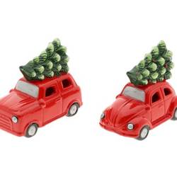 LED Wagen+Baum rot mix 13x07x11cm
