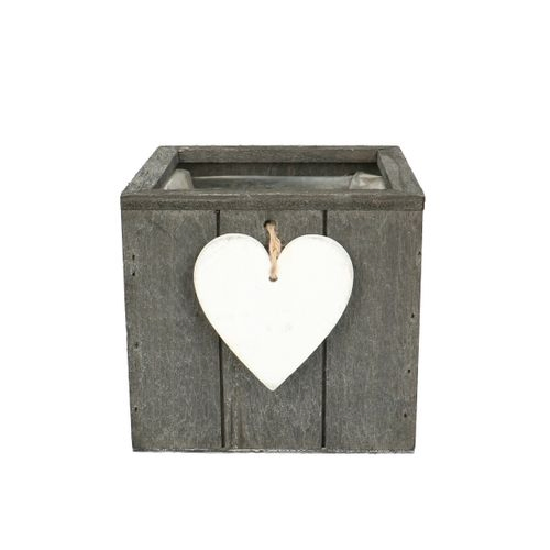 Holz Übertopf +Herz Hänger grau D15cm H14cm