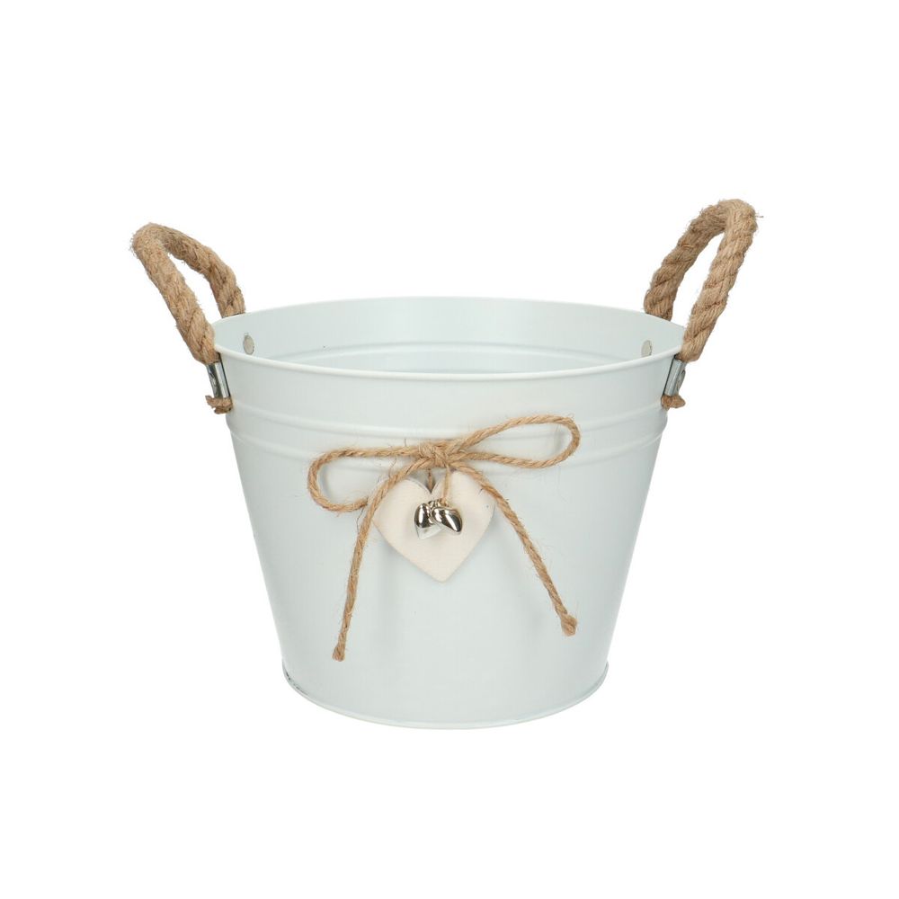 Zink Übertopf Herz mit Jute weiss D21cm H16cm