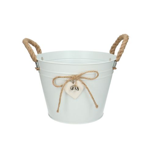 Zink Übertopf Herz mit Jute weiss D21cm H16cm