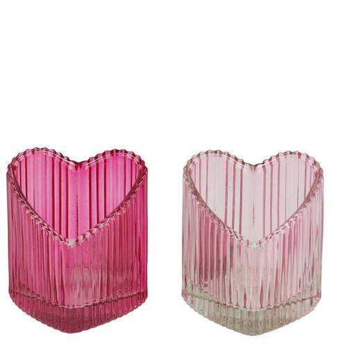 Glas Teelicht Herz Amour Rib mix rosa 08x07x08cm