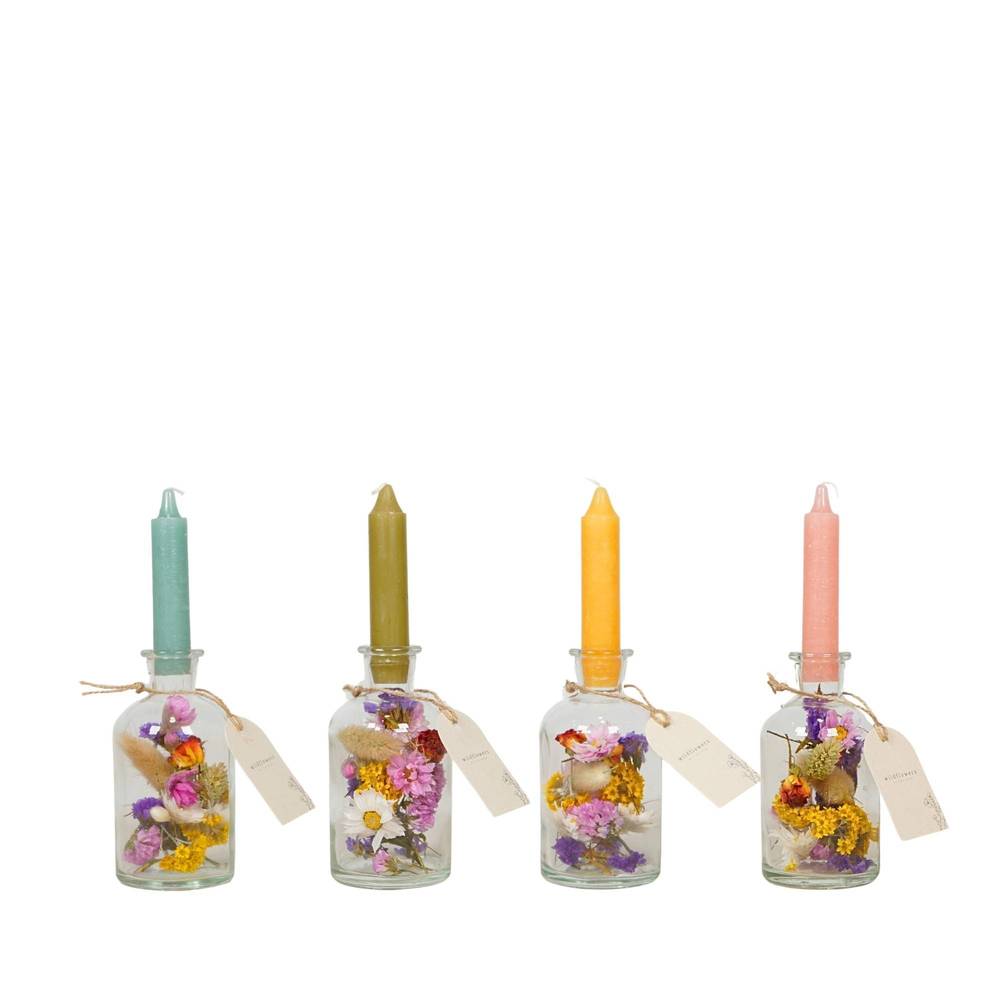 Glas Flasche mit mix Trockenblumen +Kerze 07x22cm