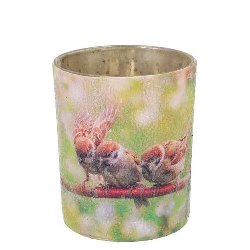 Glas Teelicht April Vogel grün 10x10x12cm