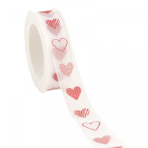 Band Herz Organza weiss/rot 25mm 20m