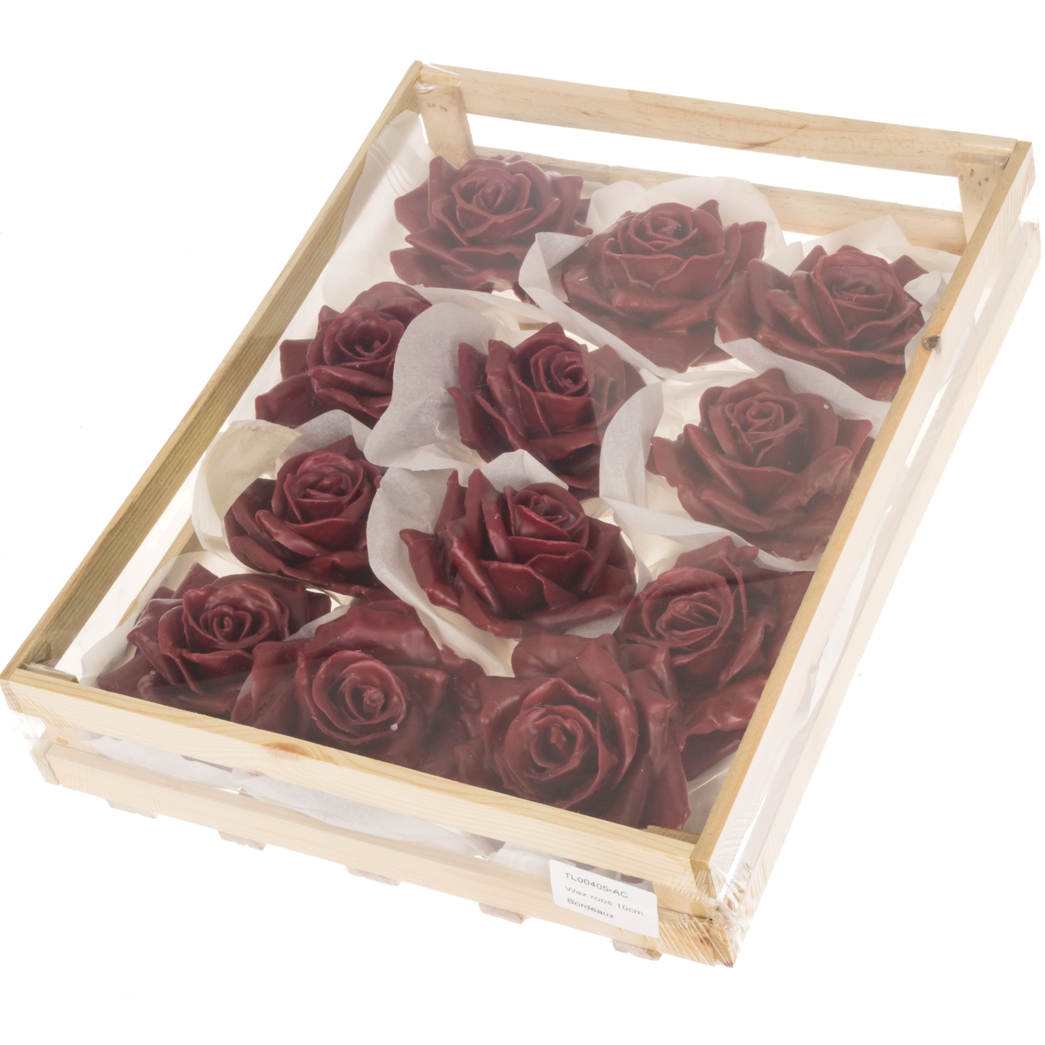 Seiden Wachs Rose im Kiste weinrot D10-12cm