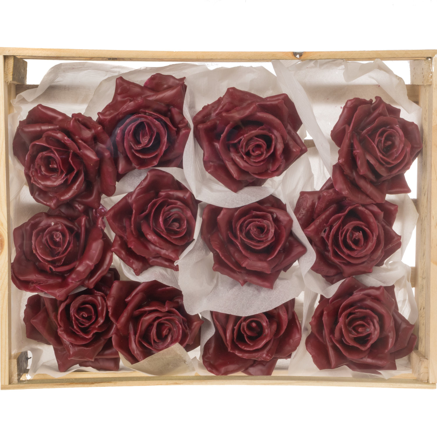 Seiden Wachs Rose im Kiste weinrot D10-12cm