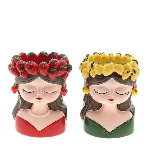 Keramik Übertopf Frau Obst mix rot/gelb 13x12x18cm