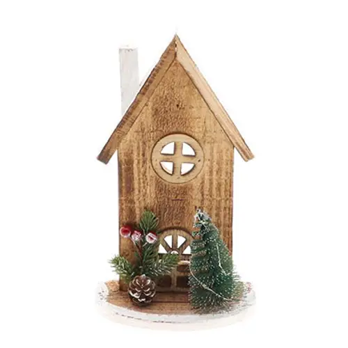 Holz Haus mit Baum LED 47x07x25cm