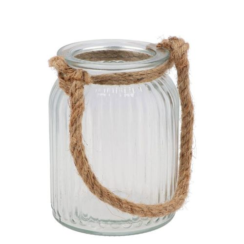 Glas Windlicht Rille mit Seil D11cm H15cm