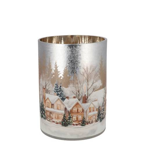 Glas Teelicht Ruby Winter Haus silber 10x13cm