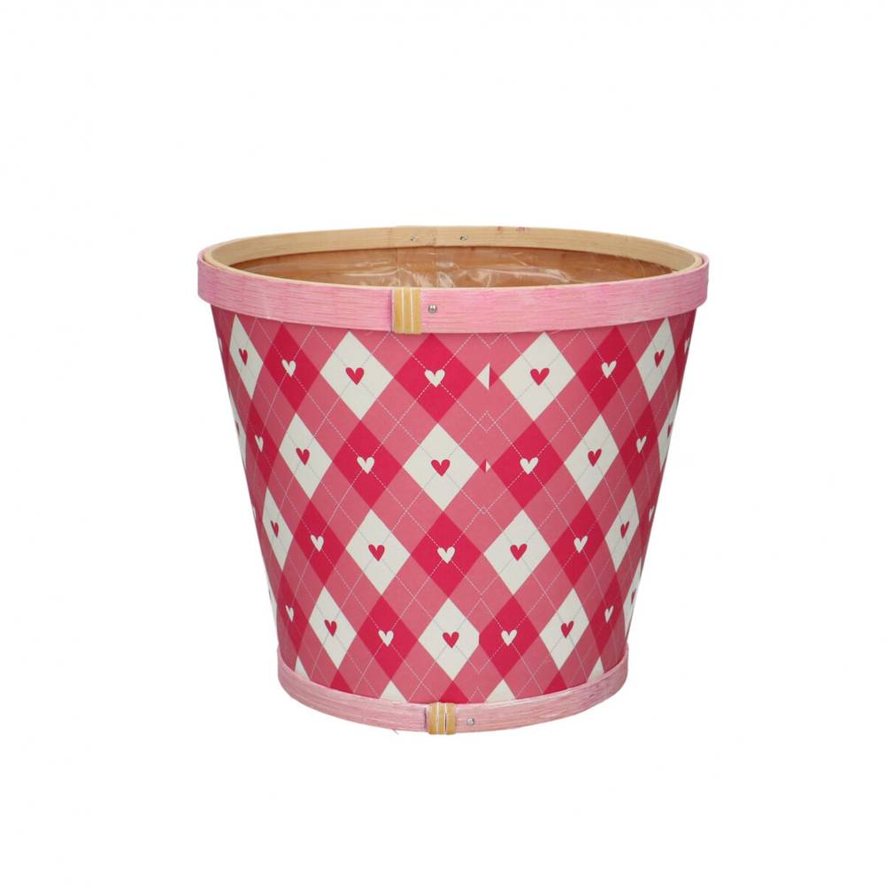 Holz Übertopf Herz Kariert rosa D17cm H15cm