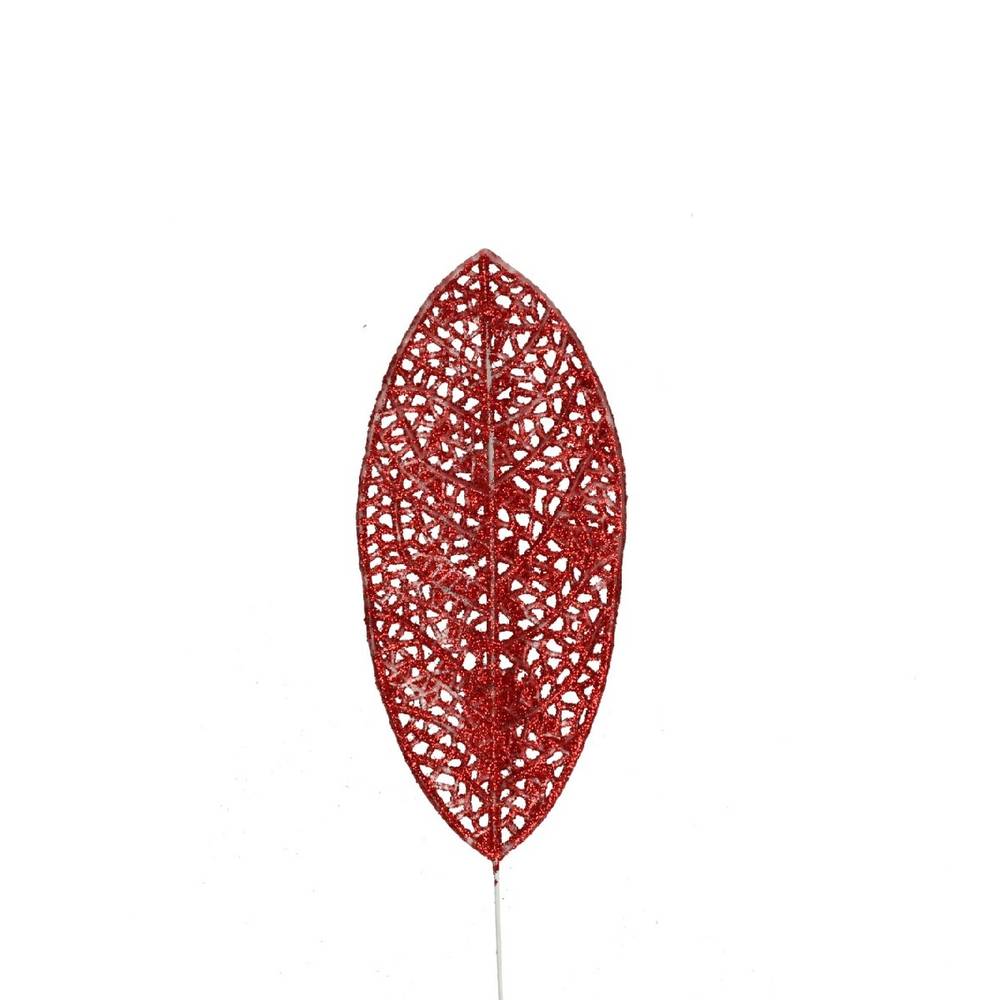 Blatt Glitzer auf Stab rot L10cm 14x06cm