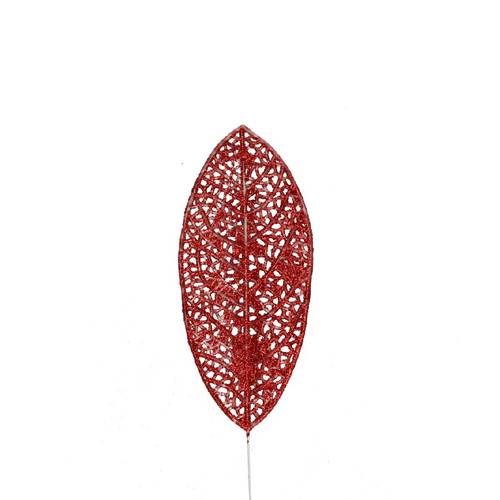 Blatt Glitzer auf Stab rot L10cm 14x06cm