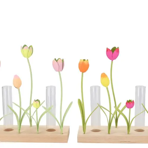 Glas Röhrenflasche auf Holz +Tulpe mix 20x08x23