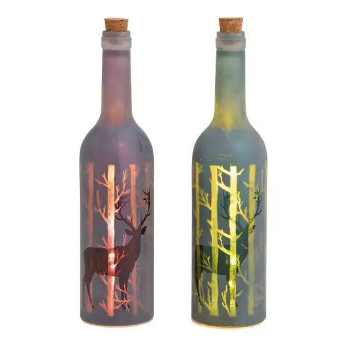 Glasflasche LED Hirsch Dekor rot/grün 2-fach H30cm