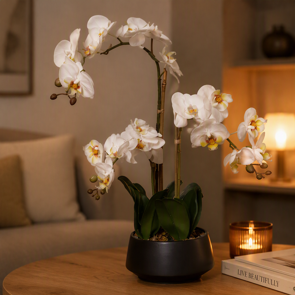 Seiden Orchidee weiss im Keramiktopf schwarz H58cm