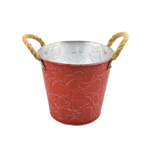 Zink Topf +Tau Henkel Herz rot D16cm H15cm
