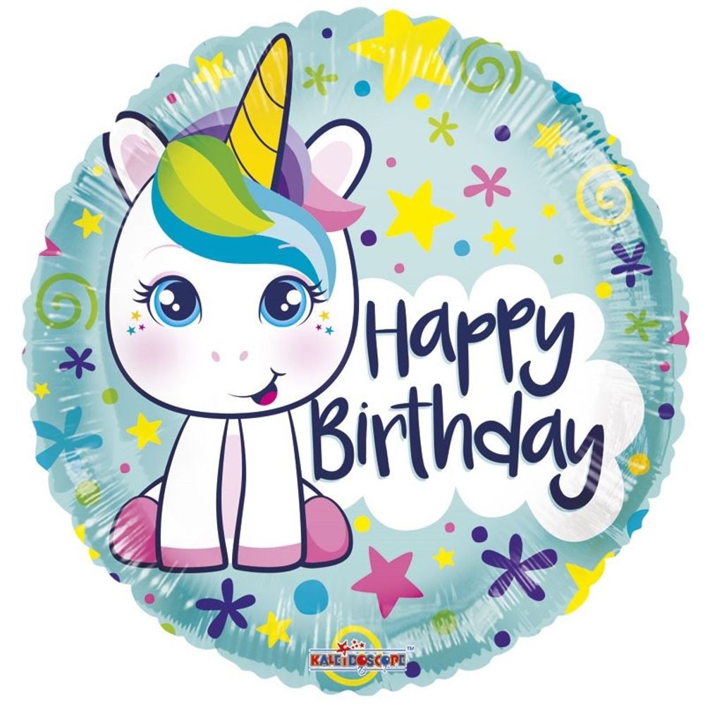 Ballon Happy Birthday Rund Einhorn D45cm