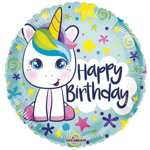 Ballon Happy Birthday Rund Einhorn D45cm