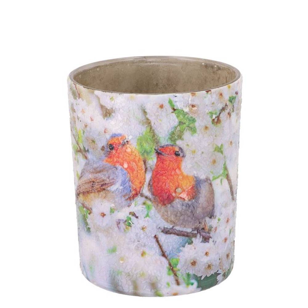 Glas Teelicht April Vogel weiss 10x10x12cm