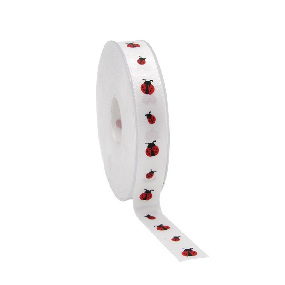 Band Marienkäfer Satin weiss rot 15mm 25m