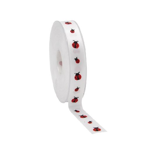 Band Marienkäfer Satin weiss rot 15mm 25m