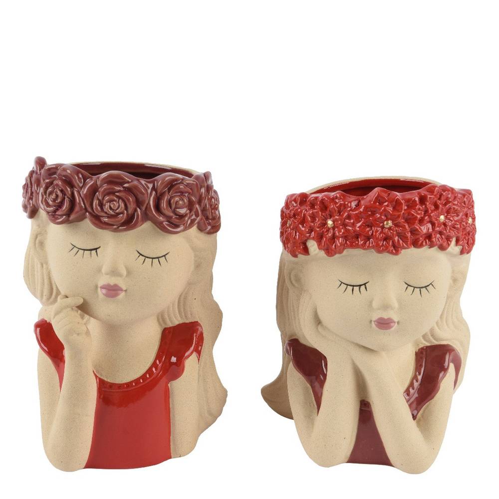 Keramik Vase Gesicht mix rot D13.5cm H20cm