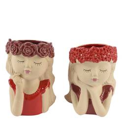 Keramik Vase Gesicht mix rot D13.5cm H20cm