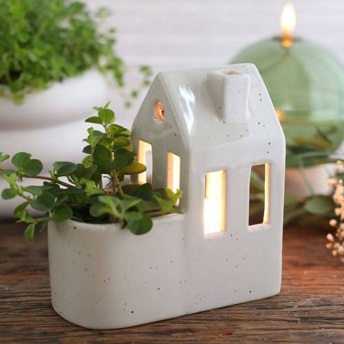 Keramik Topf/Teelicht Haus creme 13x07x14cm